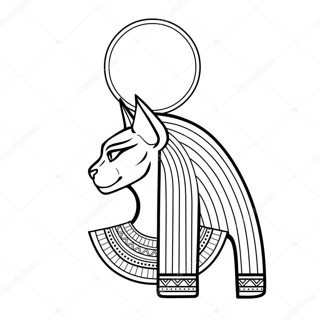 Animation portrait Ancient Egyptian goddess Bastet (Bast). Sacred woman cat. Profile view. Vector illustration isolated on a white background. Print, poster, tatoo.