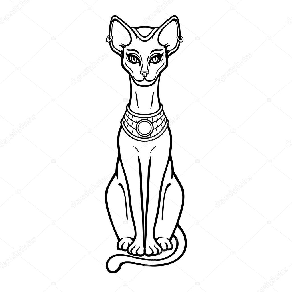 Animation portrait Ancient Egyptian goddess Bastet (Bast). Sacred cat. Vector illustration isolated on a white background. Print, poster, tatoo.