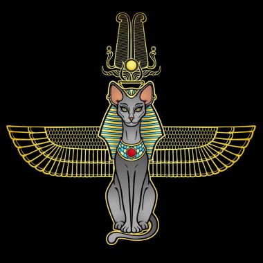 Animasyon renk portresi Eski Mısır tanrıçası Bastet (Bast). Kafasında ilahi bir taç olan kutsal kanatlı kedi. Vektör illüstrasyonu siyah arkaplanda izole edildi. Yazdır, poster