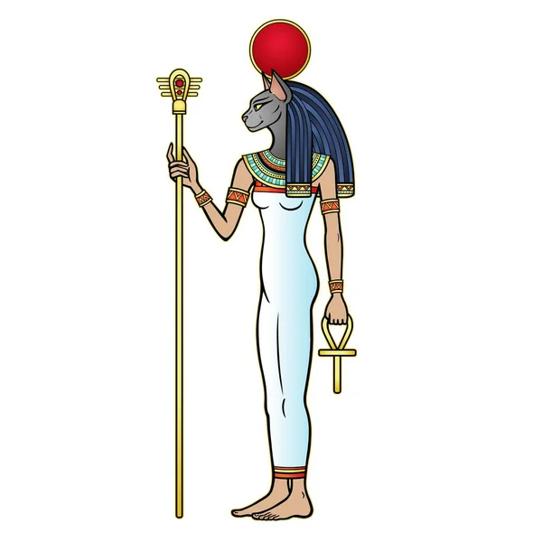 Retrato Animación Antigua Diosa Egipcia Bastet Bast Tiene Símbolos Poder — Vector de stock