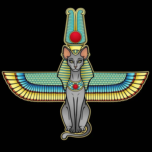 Animace Barva Portrét Starověké Egyptské Bohyně Bastet Bast Posvátná Okřídlená — Stockový vektor