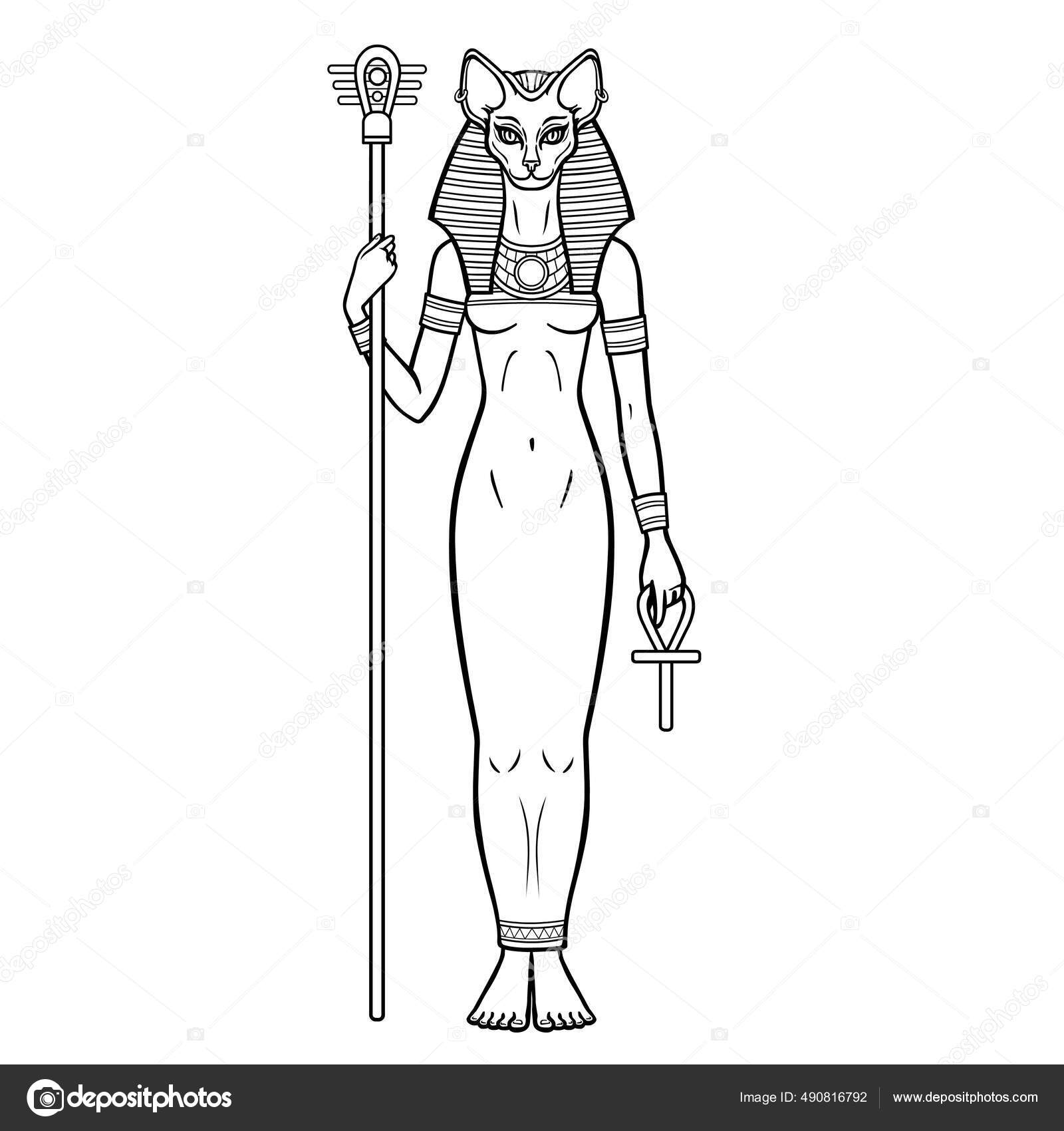 Animation Portrait Ancient Egyptian Goddess Bastet Bast Holds Symbols Power Stock Vector By