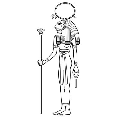Animasyon portresi Antik Mısır tanrıçası Sehmet (Tefnut) gücün sembollerini taşır: asa ve haç. Kutsal dişi aslan. Ateş Lordu, Çöl ve Savaş. Vektör illüstrasyonu beyaz bir odada izole edilmiş. 