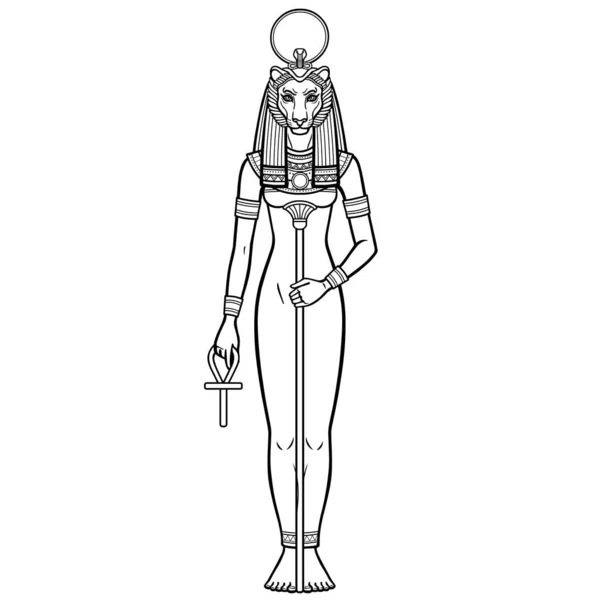 アニメーションの肖像古代エジプトの女神シェメット テフナッツ は権力の象徴を持っています スタッフとクロス 聖女のライオン 炎の主 砂漠と戦争 白い上に隔離されたベクトルイラスト — ストックベクタ