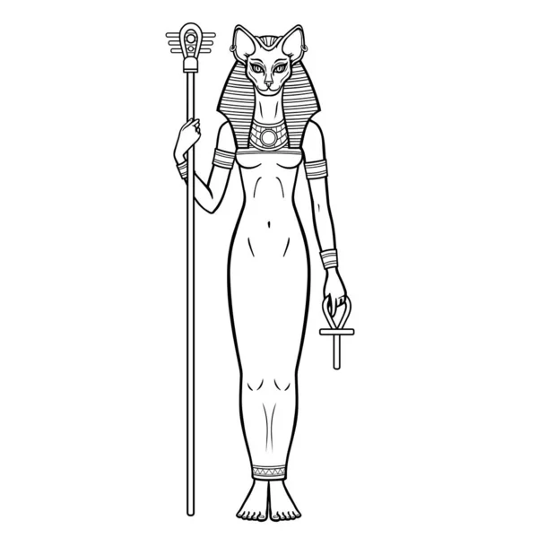 アニメーションの肖像古代エジプトの女神バセット バスト 権力の象徴 スタッフとクロスを保持しています 神聖な女猫 白い背景に独立したベクターイラスト — ストックベクタ