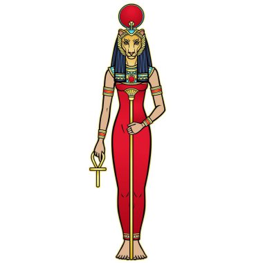 Animasyon portresi Antik Mısır tanrıçası Sehmet (Tefnut) gücün sembollerini taşır: asa ve haç. Kutsal dişi aslan. Ateş Lordu, Çöl ve Savaş. Vektör illüstrasyonu beyaz bir odada izole edilmiş. 