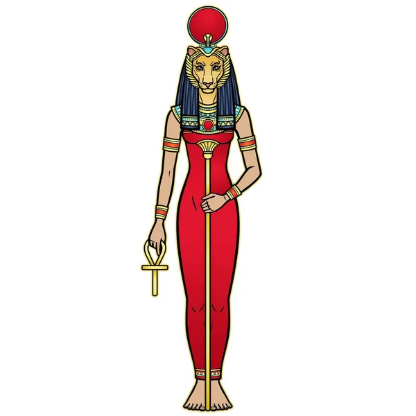 Animation Portrait Ancient Egyptian Goddess Sehmet Tefnut Holds Symbols Power — Stock Vector