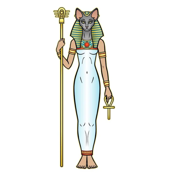 Retrato Animación Antigua Diosa Egipcia Bastet Bast Tiene Símbolos Poder — Vector de stock