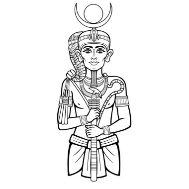 Mısır Tanrısı Honsu 'nun Animasyon portresi. Ay Tanrısı, zaman, genç bir adam genç bir bukleli bir gezgin. Beyaz bir arka planda izole edilmiş vektör çizimi. Yazdır, poster, tişört,