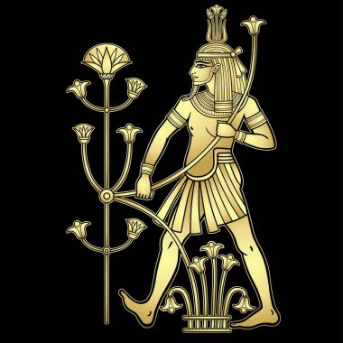 Animasyon portresi Mısır Tanrısı Hapi bir kamış çiçeği tutuyor. Bereket tanrısı, su, Nil Nehri. Tam gelişim. Vektör illüstrasyonu siyah arkaplanda izole edildi. Altının taklidi.