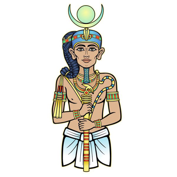 Animation color portrait  Egyptian God Honsu. God of the moon, of time, a young man a wanderer with a curl of youth.Vector illustration isolated on a white background. Print, poster, t-shirt,