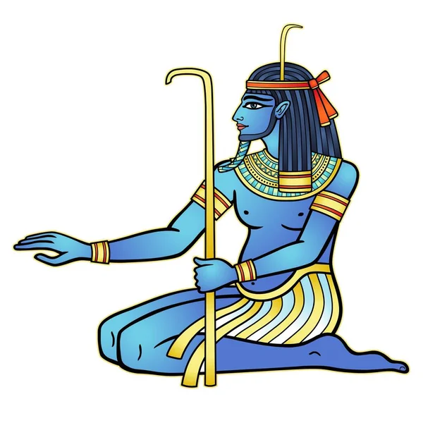 坐在埃及神哈皮的动画彩绘肖像 神的生育力 尼罗河 在白色背景上孤立的向量图解 — 图库矢量图片