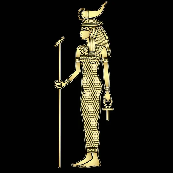 アニメーションの肖像古代エジプトの女神セルケットは権力の象徴を保持しています スタッフとクロス サソリと死者の主 プロフィール表示 黒い背景に独立したベクトル図 — ストックベクタ