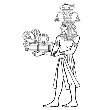 Animasyon portresi: Mısır Tanrısı Hapi nehir hediyelerini sunar - papirüs çiçekleri. Bereket tanrısı, su, Nil Nehri. Beyaz arkaplanda izole edilmiş vektör illüstrasyonu. Yazdır, poster, tişört