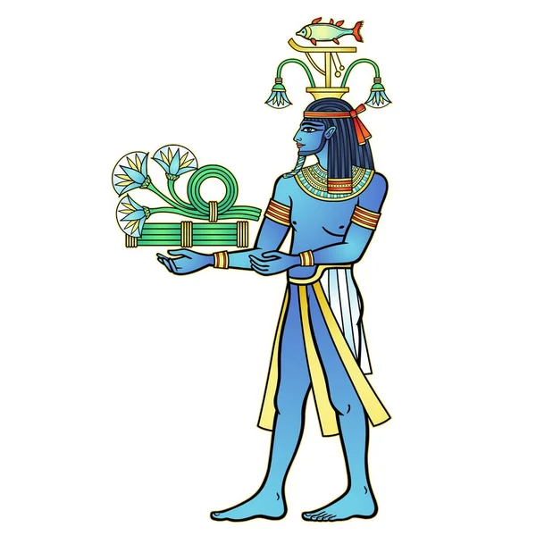 动画色彩肖像 埃及神哈皮献上河流礼物 纸莎草花 神的生育力 尼罗河 在白色背景上孤立的向量图 — 图库矢量图片