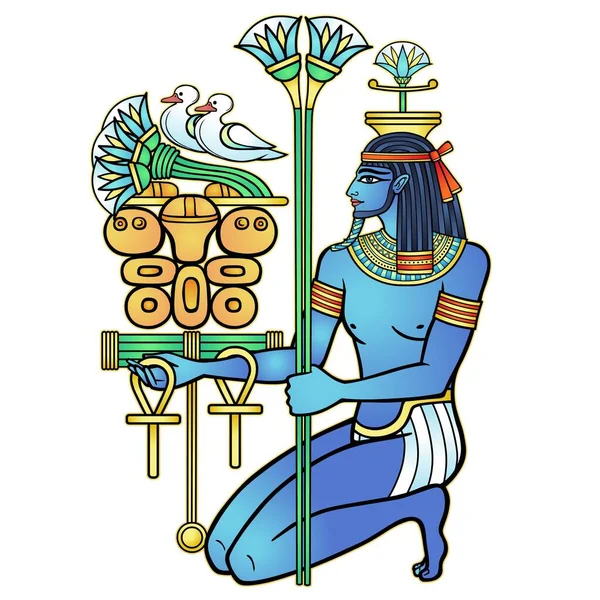 动画色彩肖像 坐在埃及的神哈皮赠送河流礼物 神的生育力 尼罗河 在白色背景上孤立的向量图解 印刷品 T恤衫 — 图库矢量图片