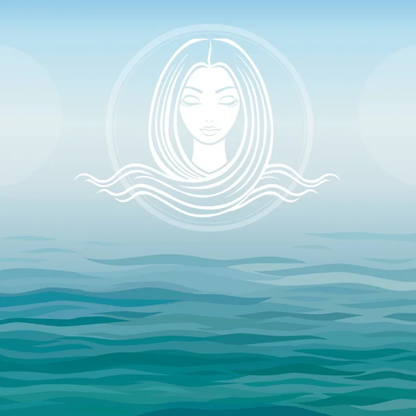 Deniz arka plan üzerinde uzun saçlı kızın yüzü stilize.