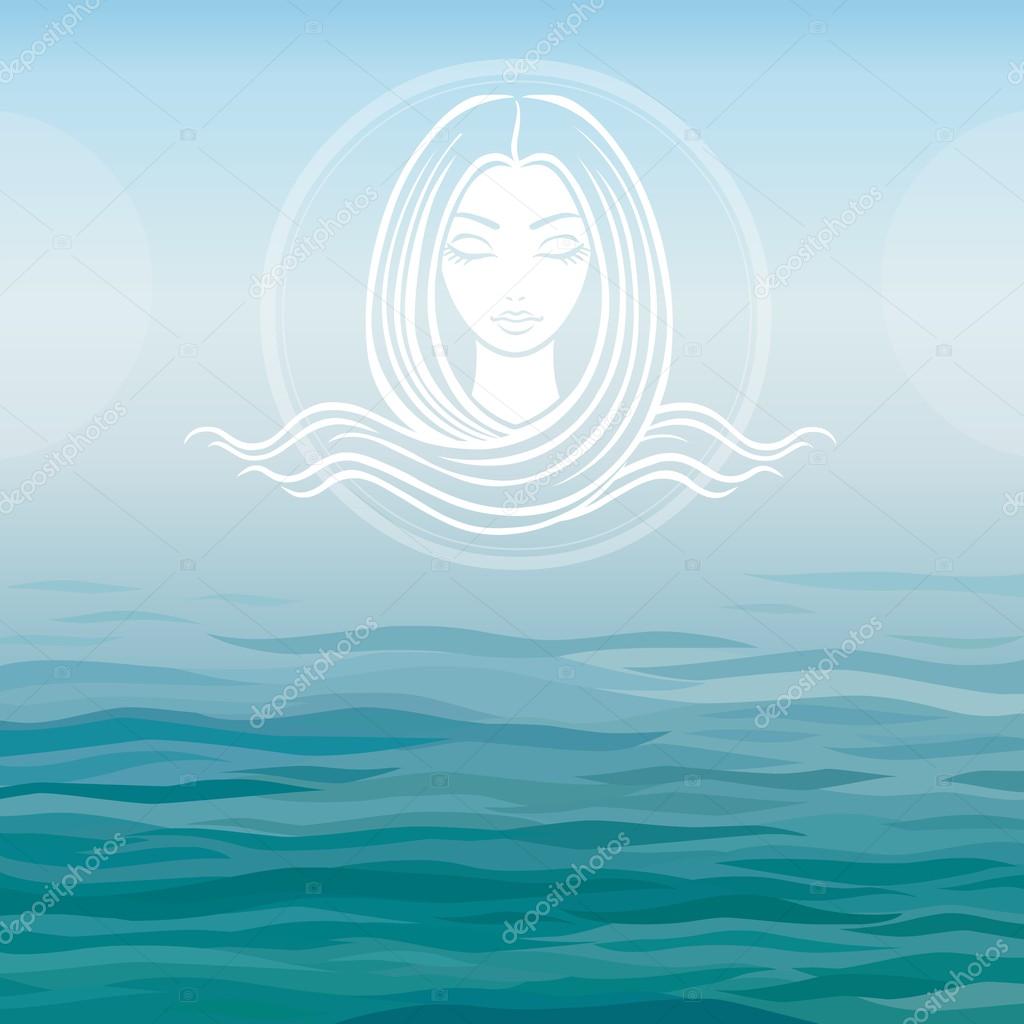 Stylized girl's face with long hair on a sea background.
