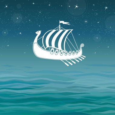 Vector background: a silhouette of the ship of Vikings on a sea background. Place for the text. clipart
