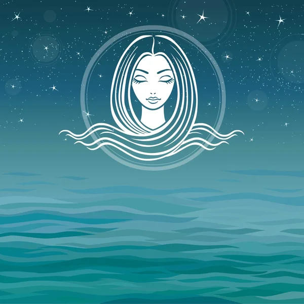 Deniz arka plan üzerinde uzun saçlı kızın yüzü stilize.