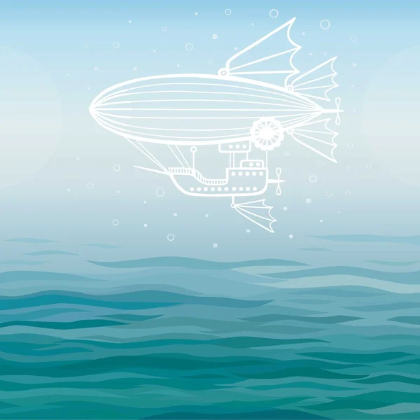 Vector background: stylized fantastic airship on a sea background. — Stock Vector