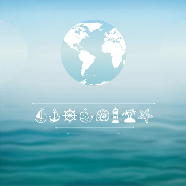 Глобус на морском фоне с морскими символами — стоковый вектор