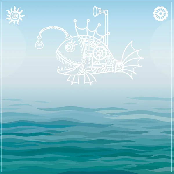 Векторний фон: стилізована механічна риба на морському фоні . — стоковий вектор