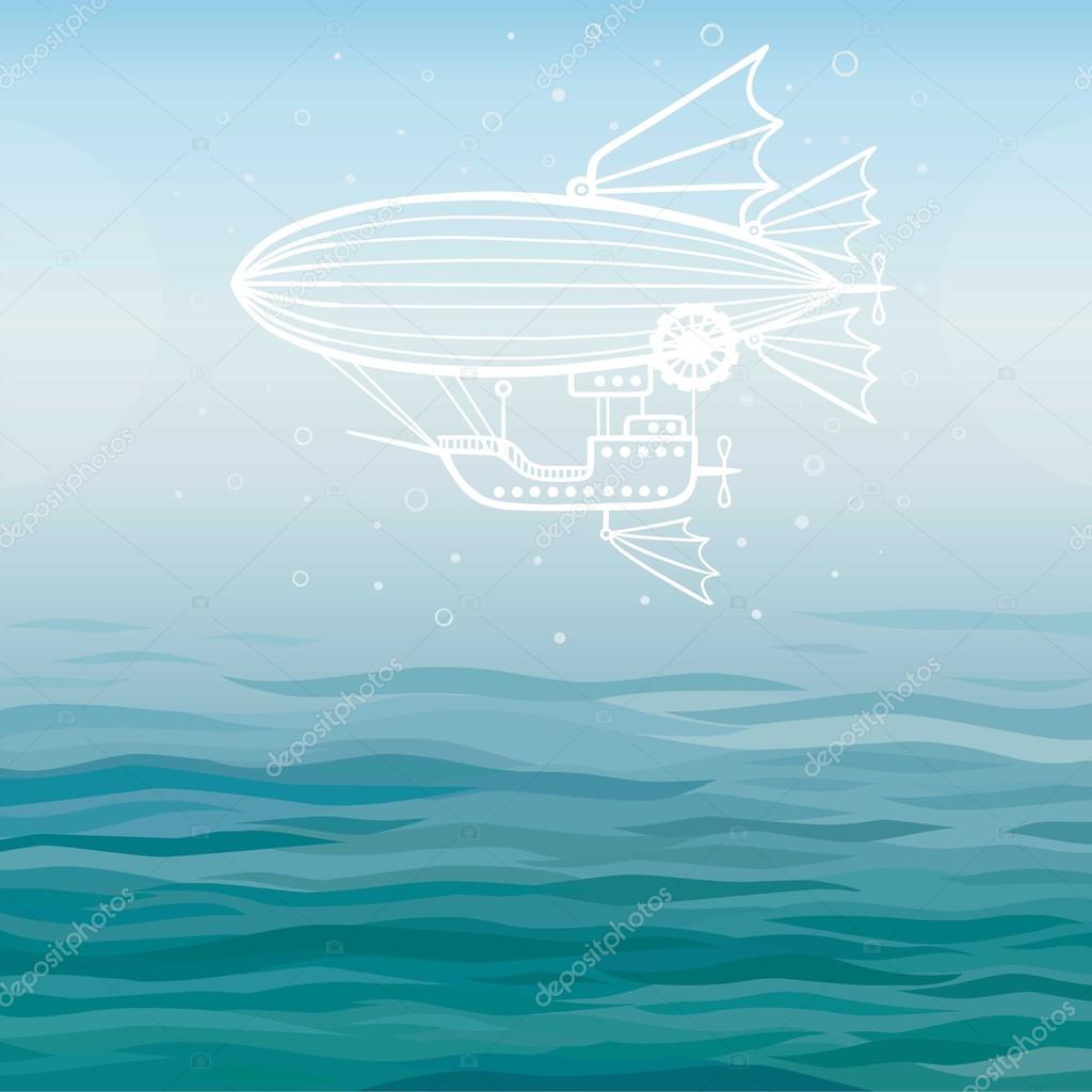 Vector background: stylized fantastic airship on a sea background.