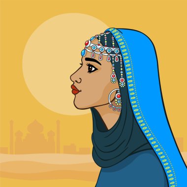 Mavi giysili masal Doğu Prenses. Profil görünümü.
