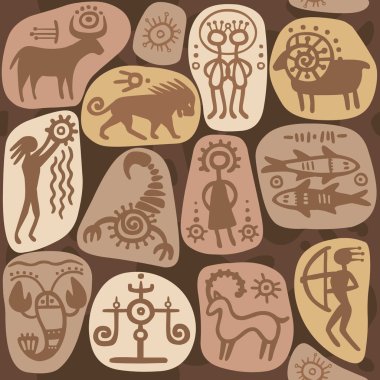 Seamless background: zodiac signs. Horoscope. Ethnic style. Petrographic. clipart