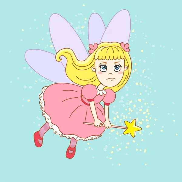 Angry little tooth fairy in a pink dress with wand on abstract background — Stock Vector