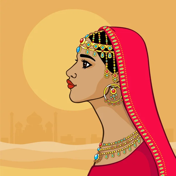 Fantástica princesa india en un vestido rojo. Vista del perfil . — Archivo Imágenes Vectoriales