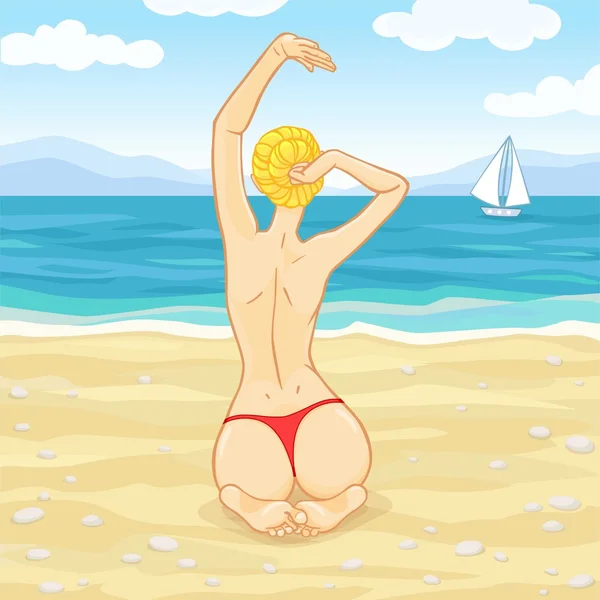 Jovem bela mulher toma banho de sol em uma praia em um terno de banho vermelho umas costas ao espectador . —  Vetores de Stock