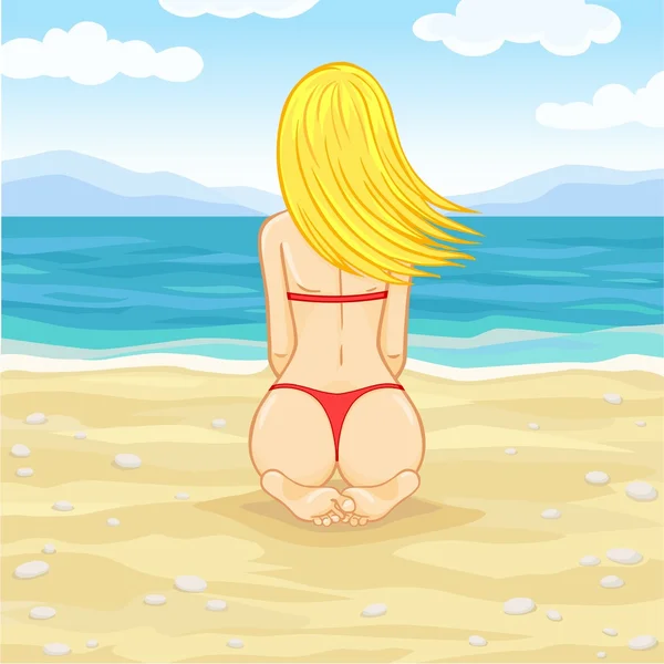 아름 다운 젊은 여 자가 빨간 수영복에 있는 해변에 뷰어를 다시 sunbathes — 스톡 벡터