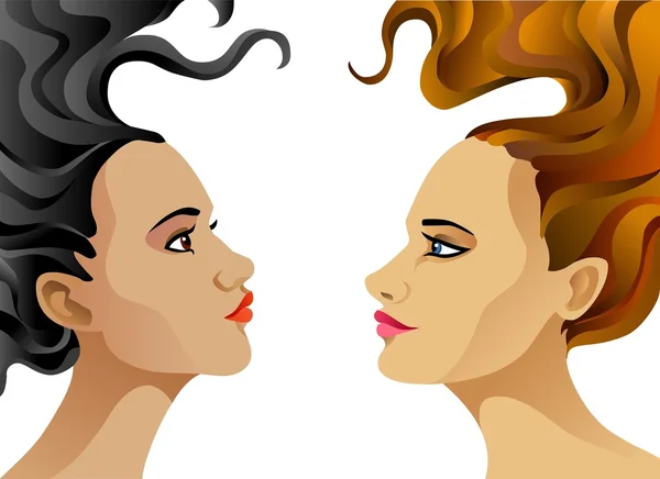 Portret twee meisjes: de blonde en de brunette geïsoleerd op een witte achtergrond — Stockvector