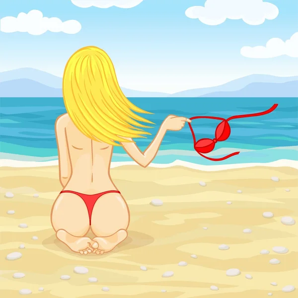 Young beautiful woman sunbathes on a beach in a red bathing suit a back to the viewer. — Stock Vector