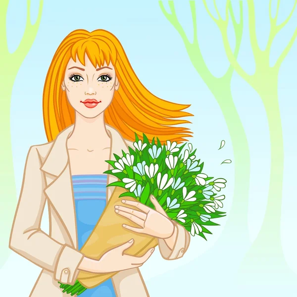 Fille aux cheveux roux avec un bouquet de gouttes de neige — Image vectorielle