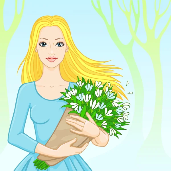 女孩的金发女郎，有着一束春天的花朵 — 图库矢量图片