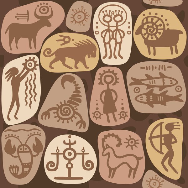 Seamless background: zodiac signs. Horoscope. Ethnic style. Petrographic.