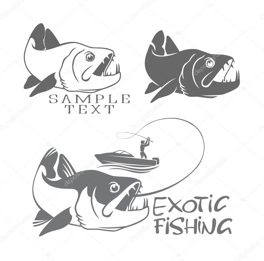 Exotic fishing concept. Fisherman on boat and set of fishes