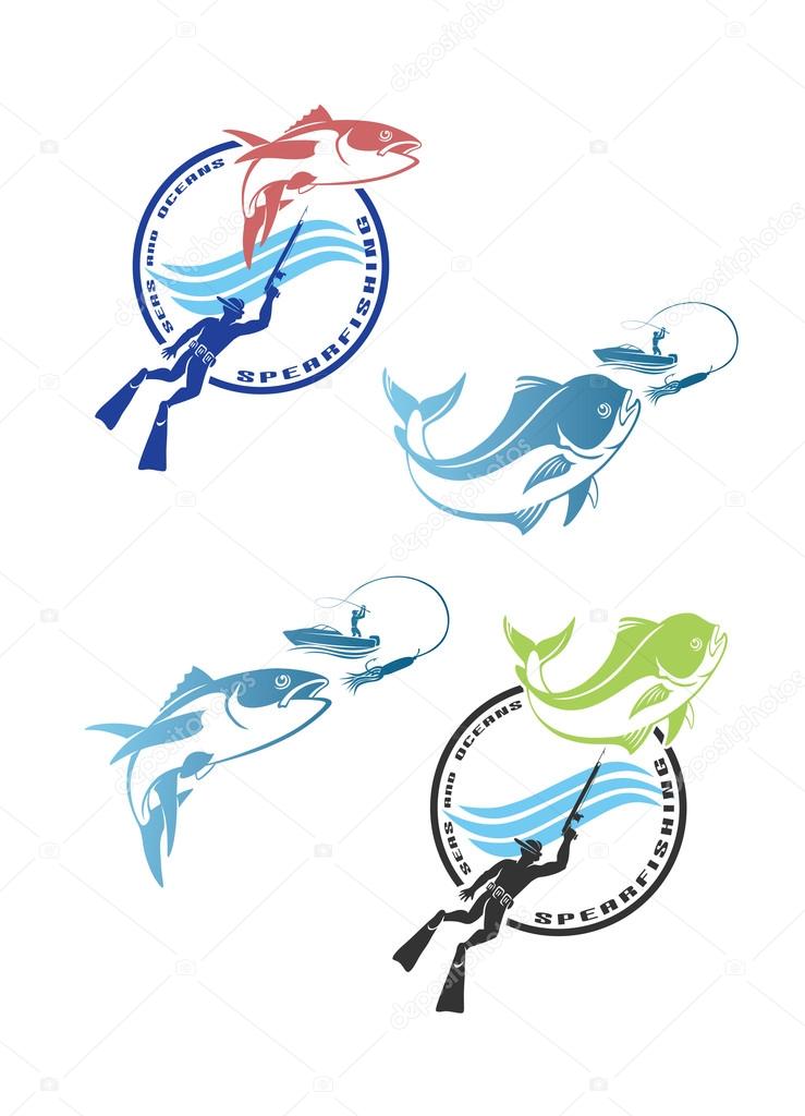Spearfishing logos, spearfishing tuna and dorado fishes
