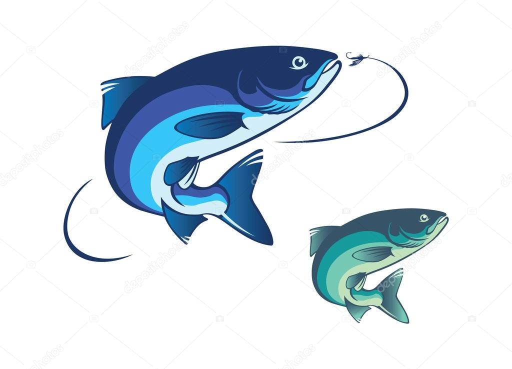 Fly fishing salmon icons, vector illustration