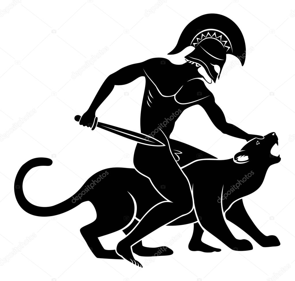 Silhouette of warrior fight with a wild animal.