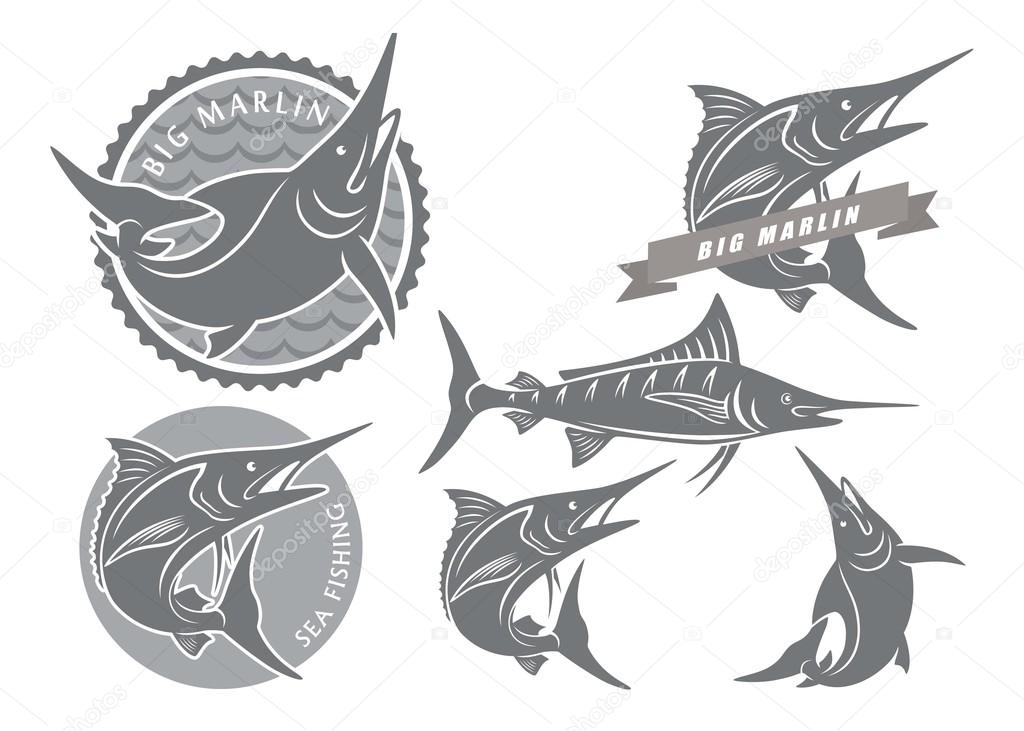 Icons on the theme of marlin fishing. Vector illustration
