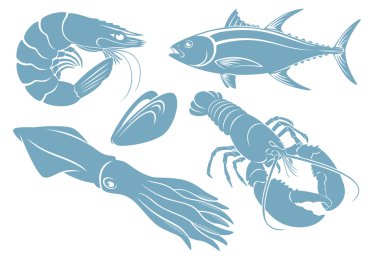 blue seafood silhouettes clipart