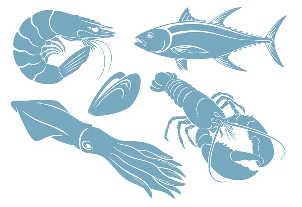 Blue seafood silhouettes — Stock Vector