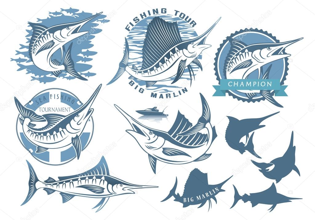 Marlin fishing icons vector illustration