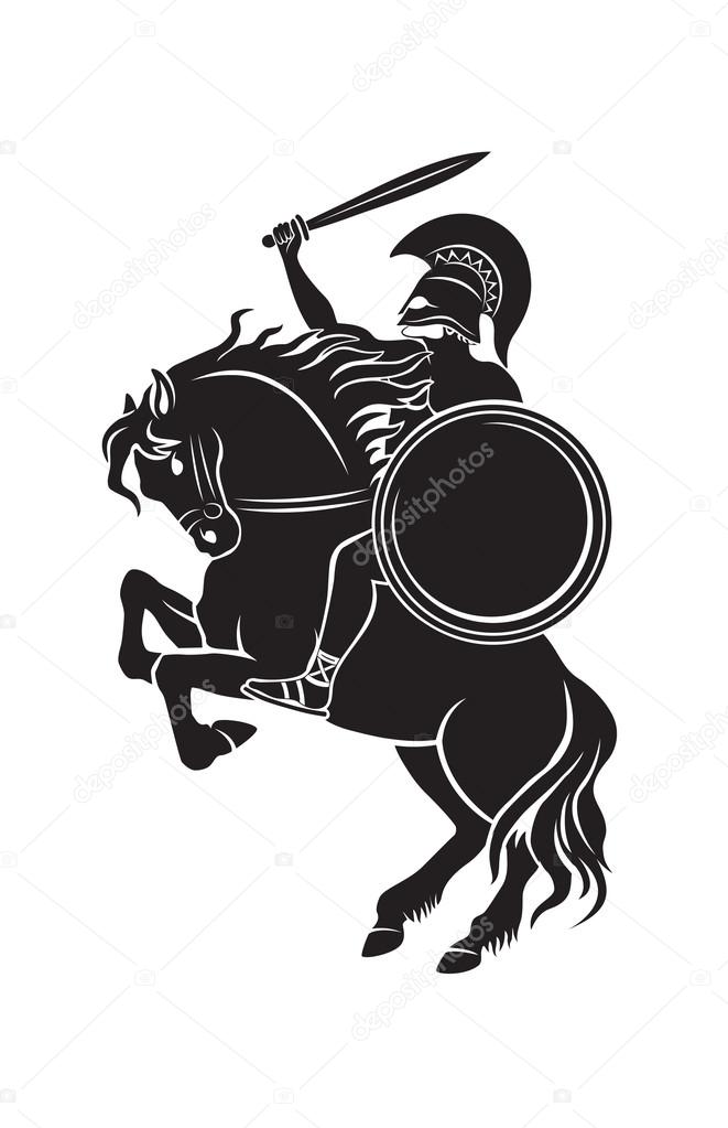 gladiator with spear sitting on horse