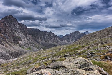 Kasvetli gökyüzü dağ tundra, Temmuz ayında yamaçları üzerinde.