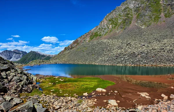 Flecken grünen Grases am Rande eines Bergsees — Stockfoto